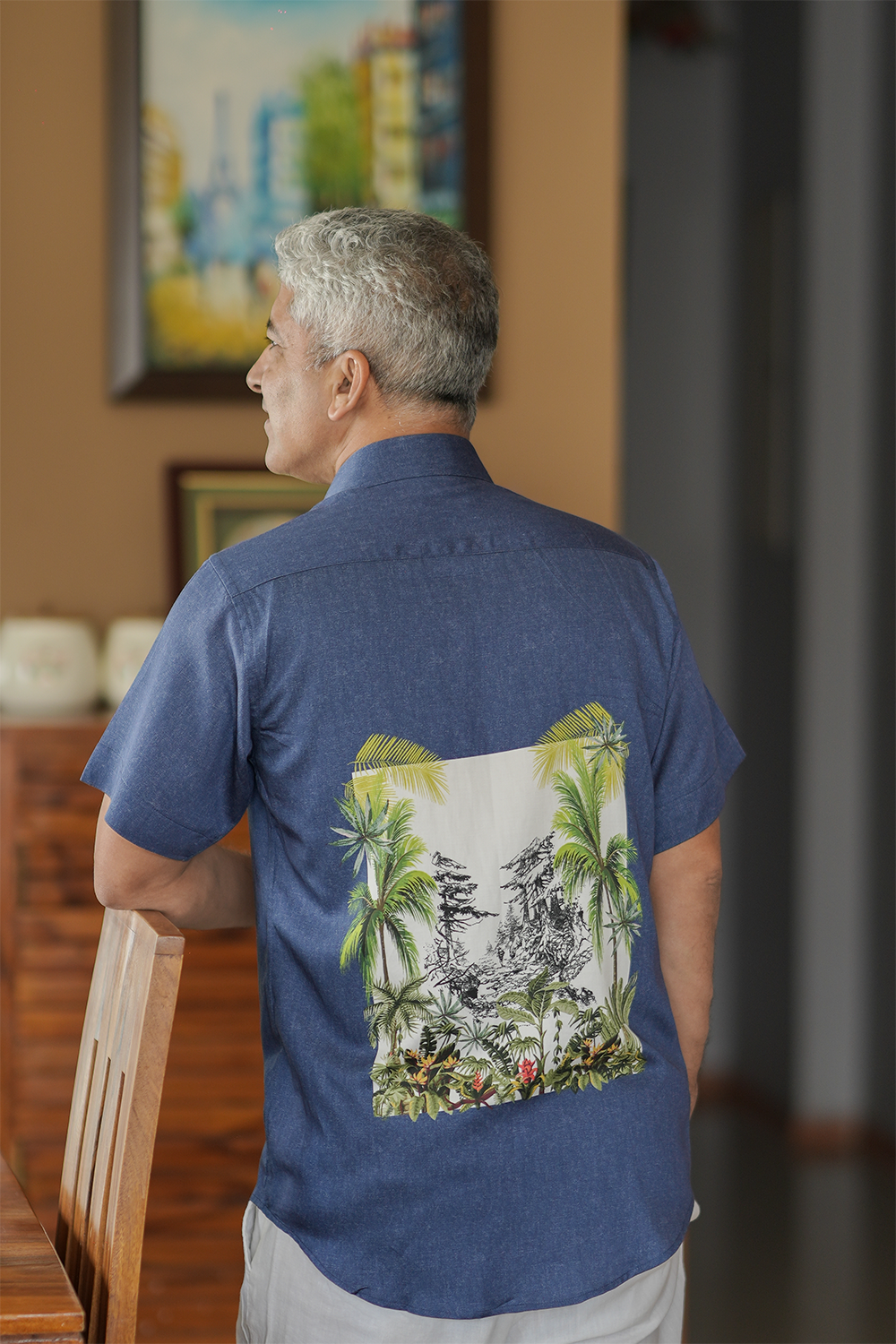 Blue Printed Cotton Half Sleeve Shirt