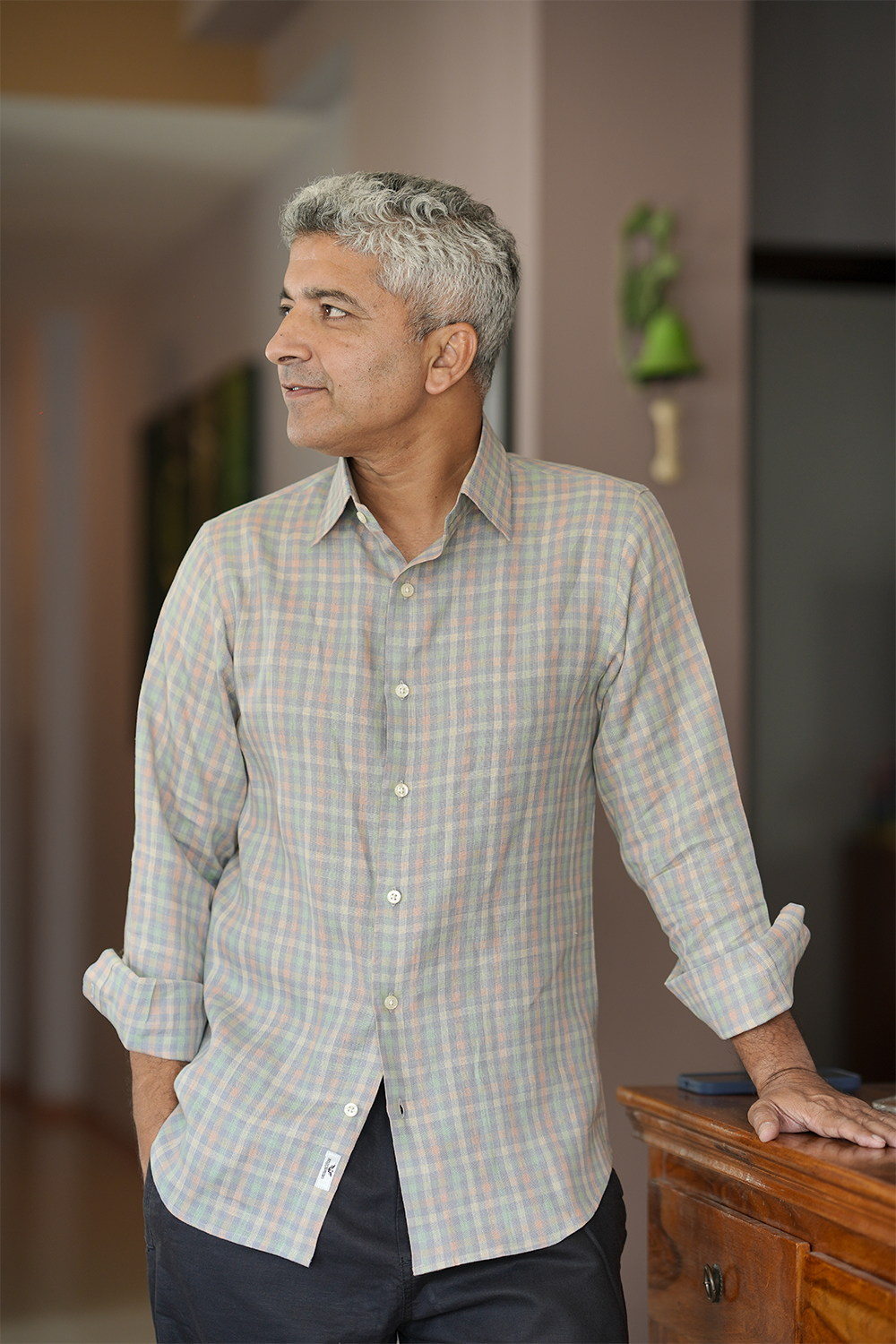 Mint Green Checked Linen Shirt