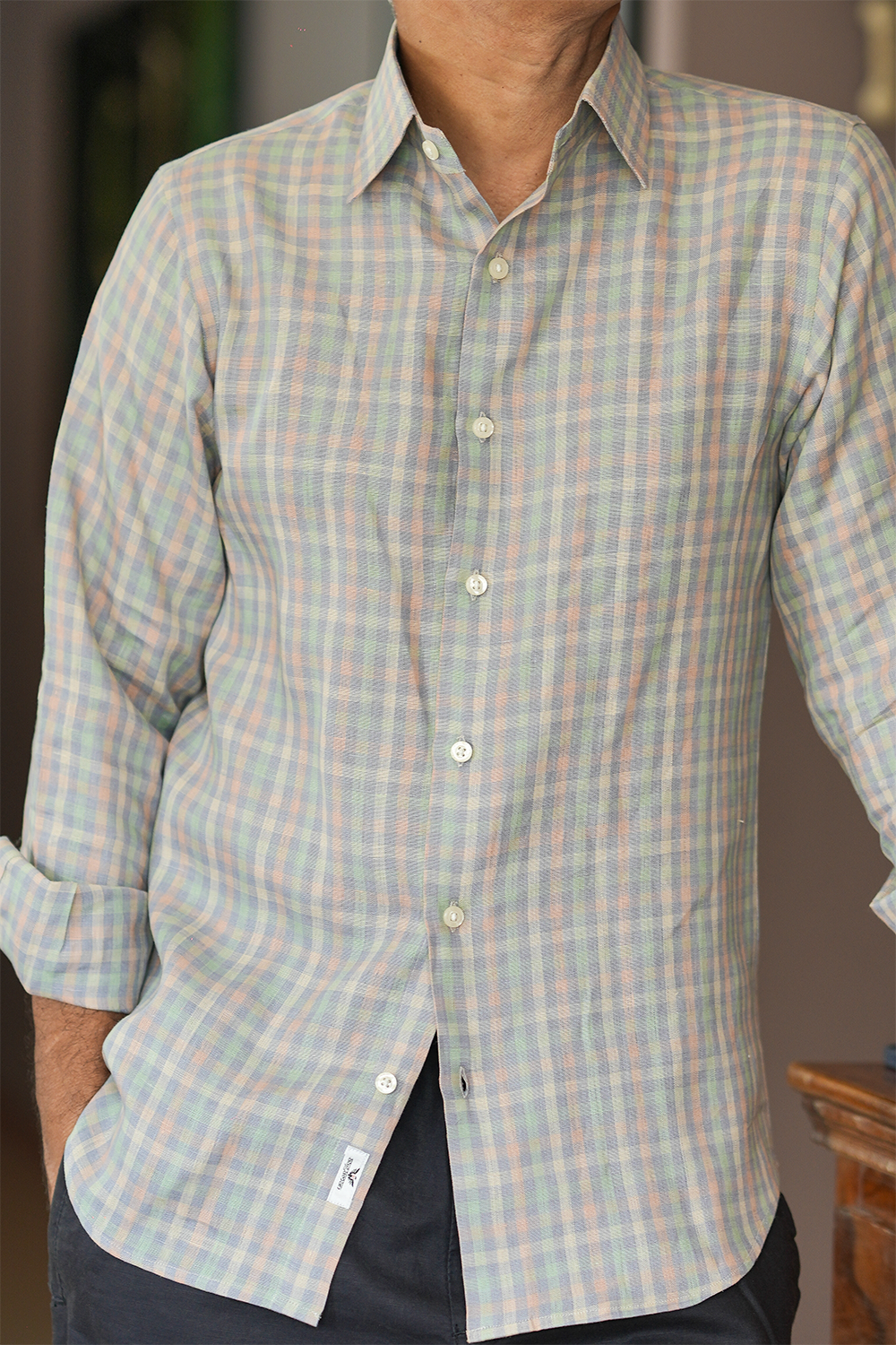 Mint Green Checked Linen Shirt