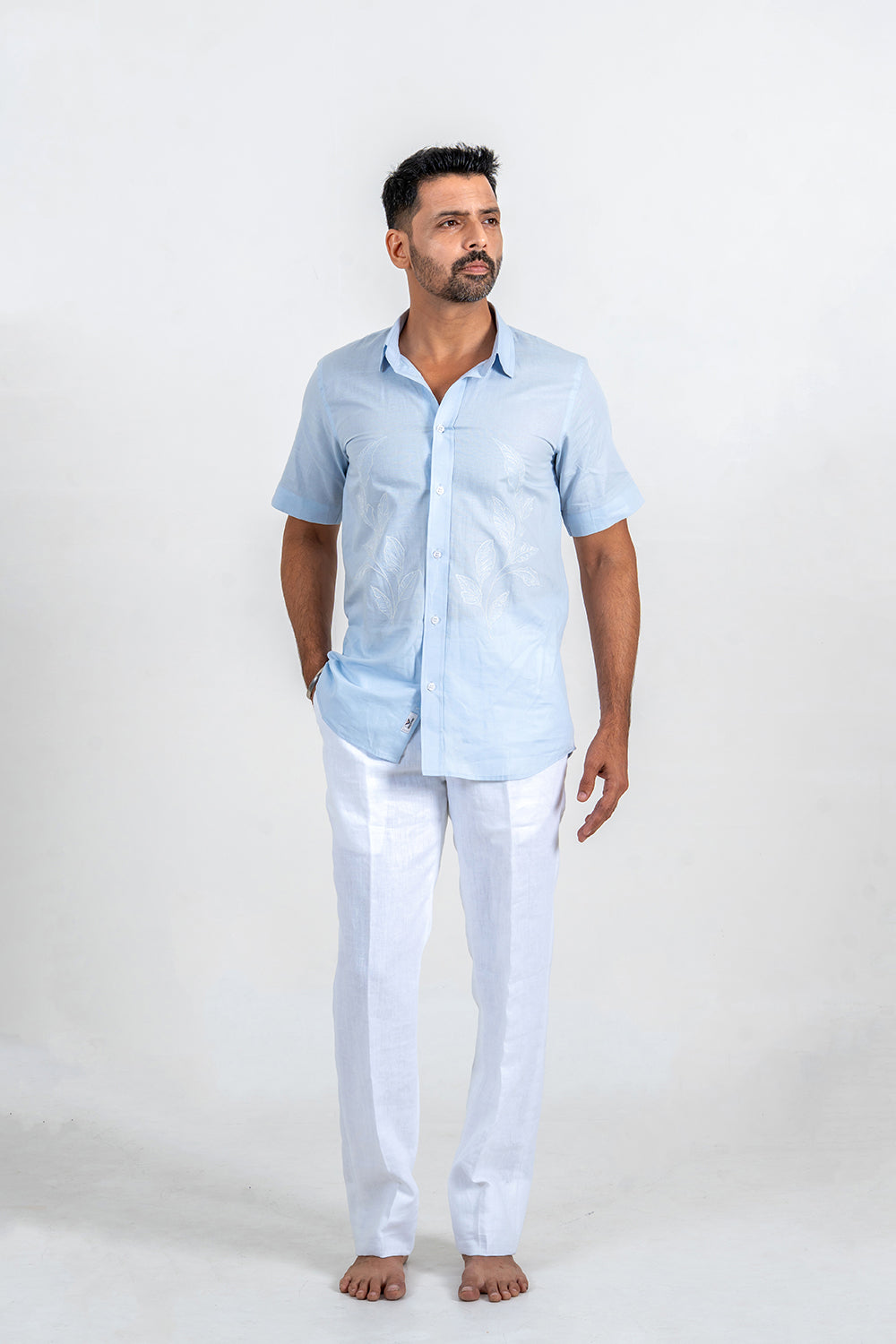 Soft Blue Cotton Linen-Embroidered Shirt