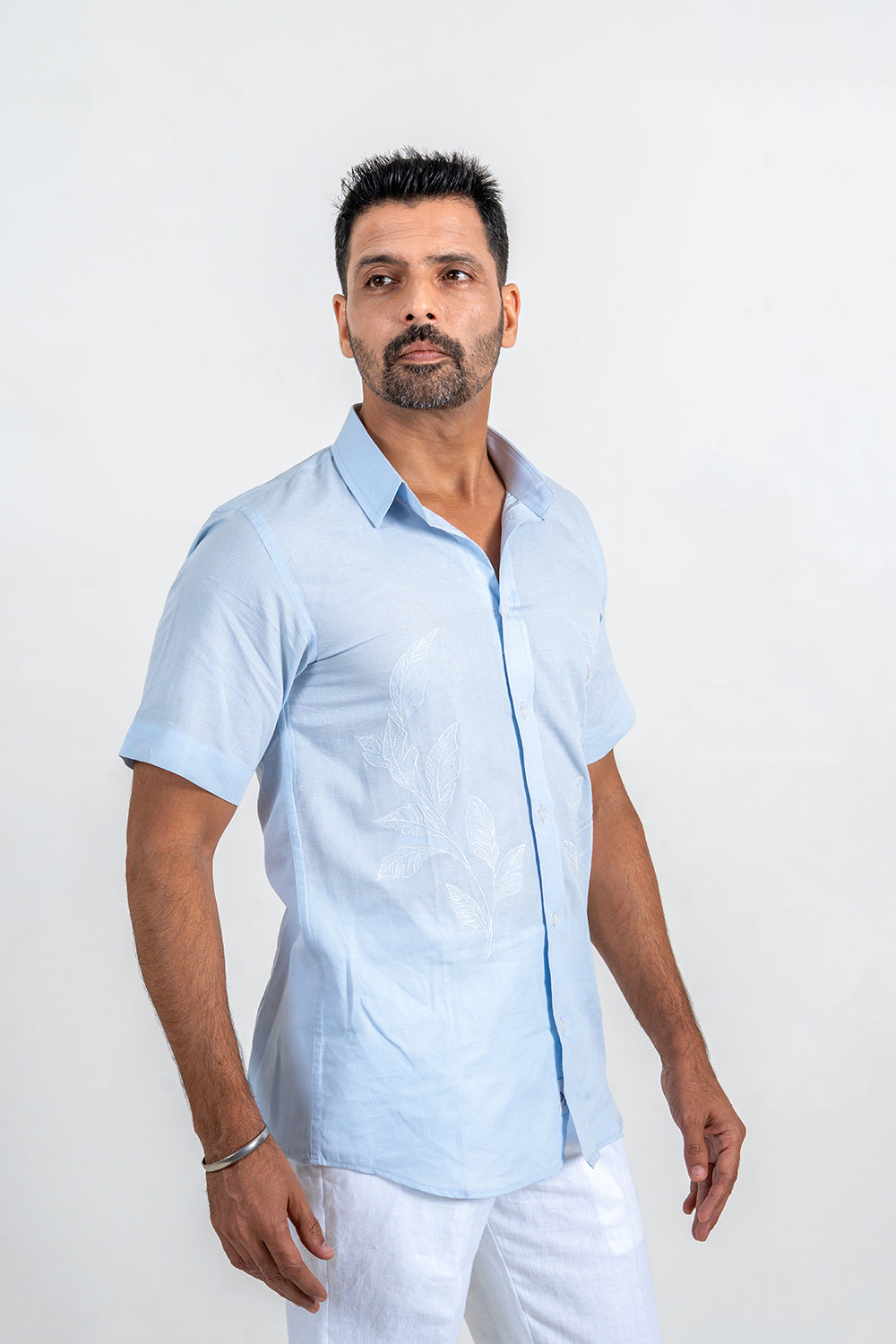Soft Blue Cotton Linen-Embroidered Shirt