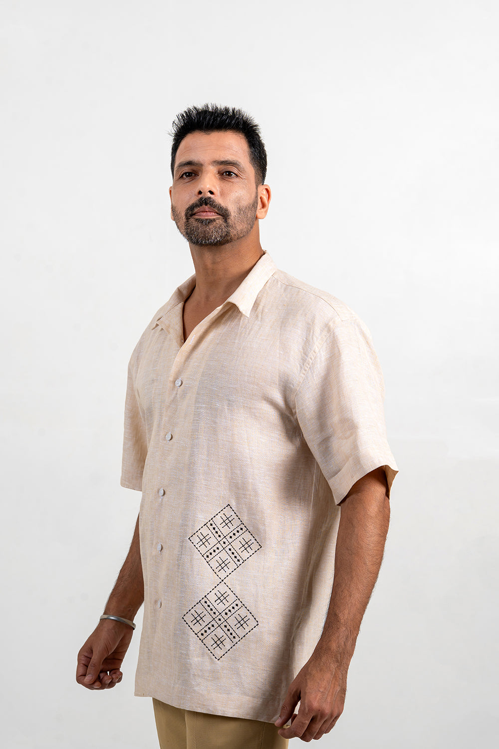 Beige Linen-Embroidered Shirt