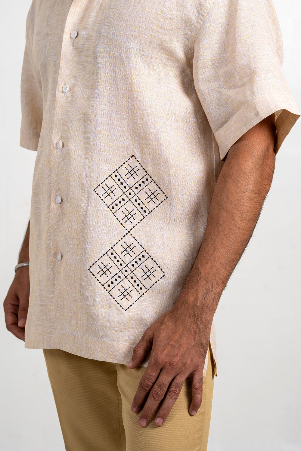 Beige Linen-Embroidered Shirt