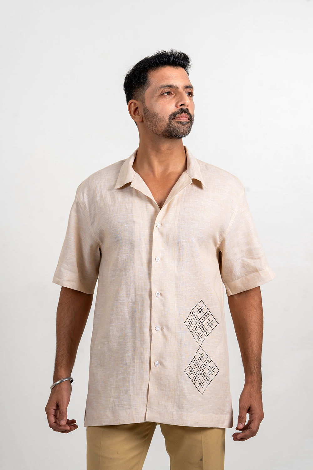 Beige Linen-Embroidered Shirt