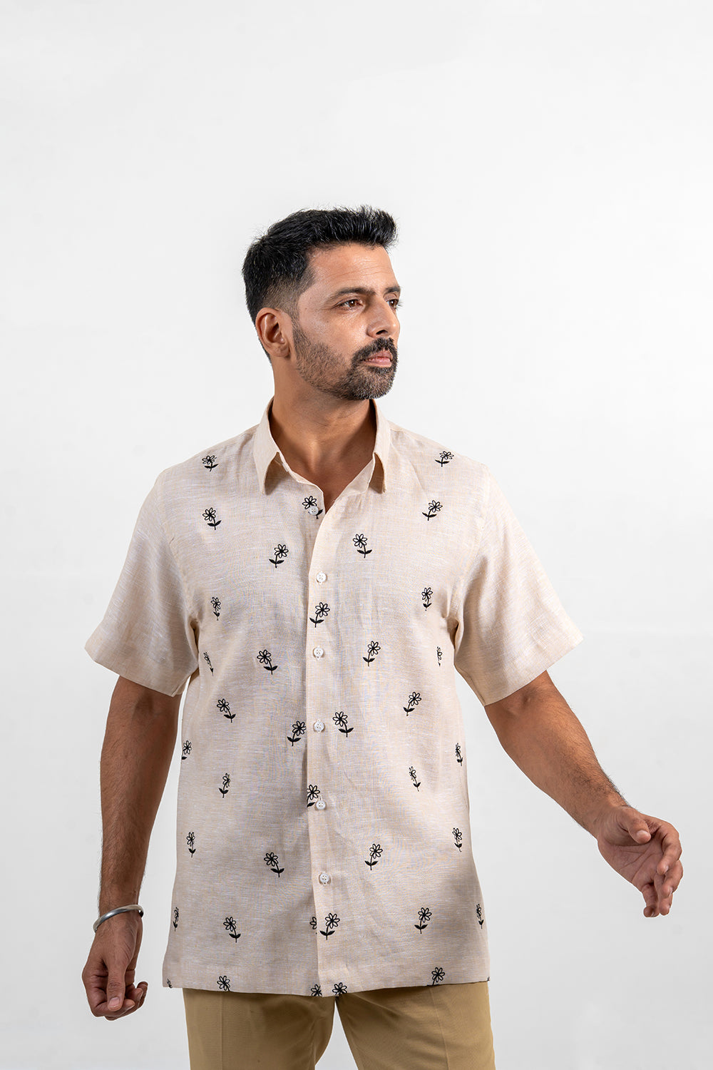 Beige Linen-Embroidered Shirt