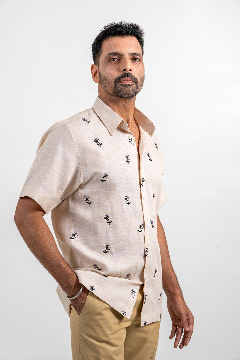 Beige Linen-Embroidered Shirt