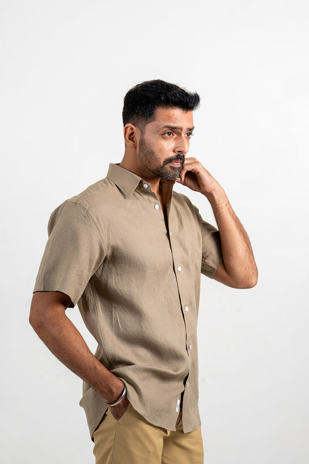 Light Olive Linen Half Sleeve Shirt