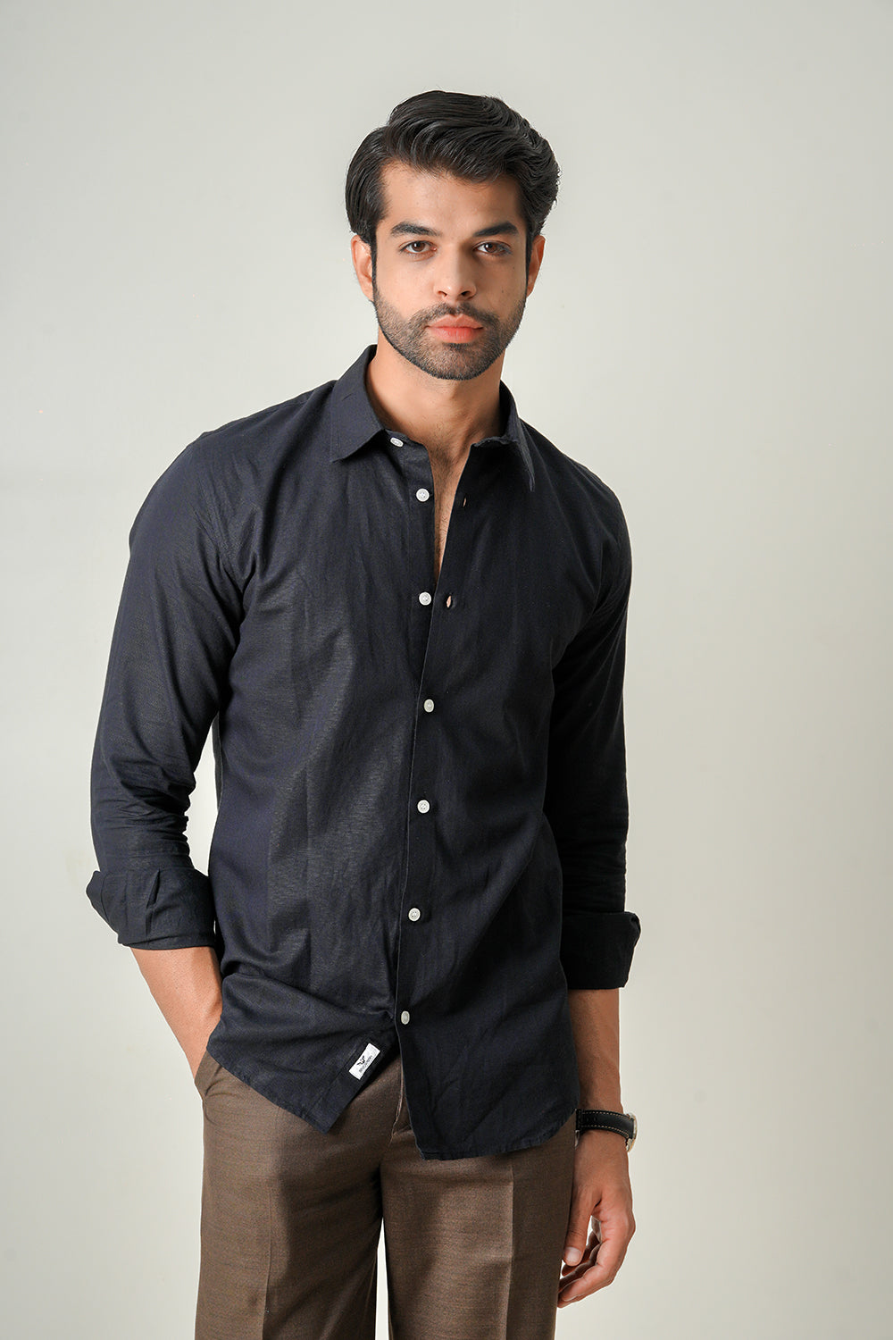 Black Cotton Linen Full Sleeve Shirt