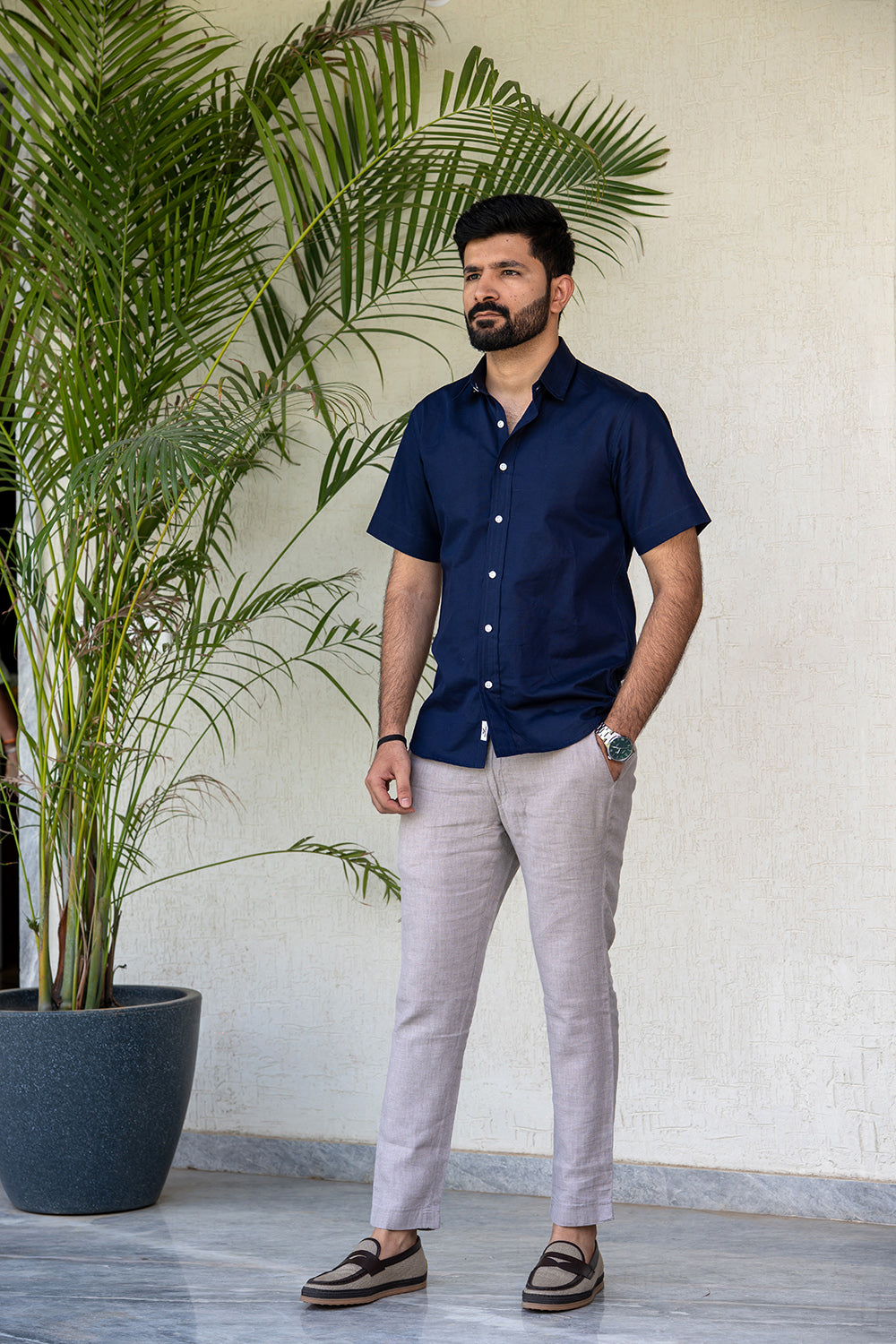 Ink Blue Half-Sleeve Cotton Linen Shirt