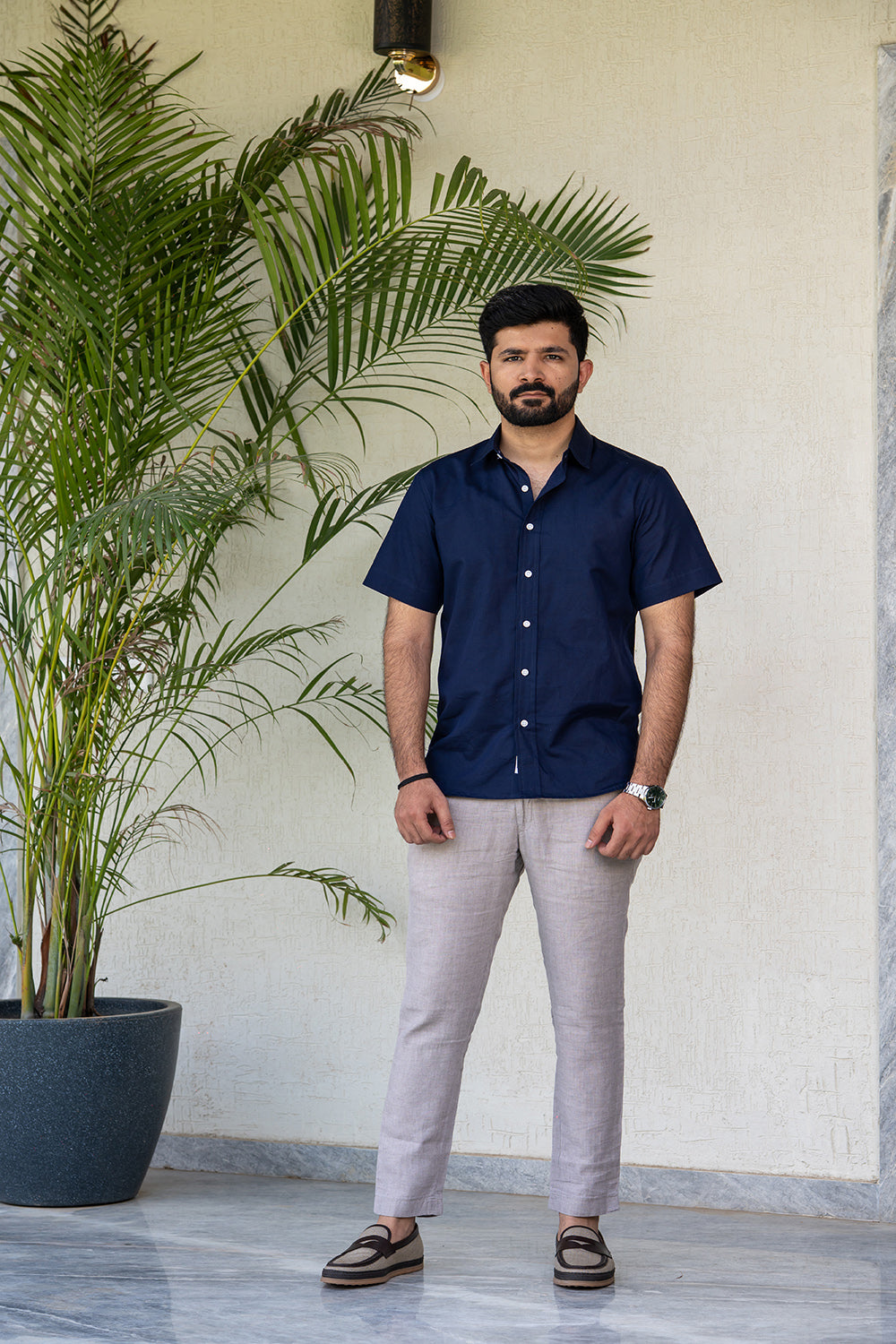 Ink Blue Half-Sleeve Cotton Linen Shirt