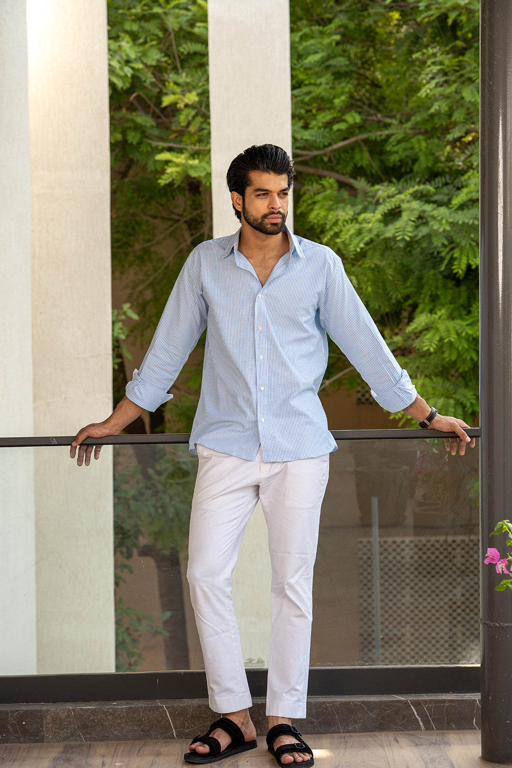 Shirt White Pinstripe Pants Outfit Light Blue Striped Cotton Shirt