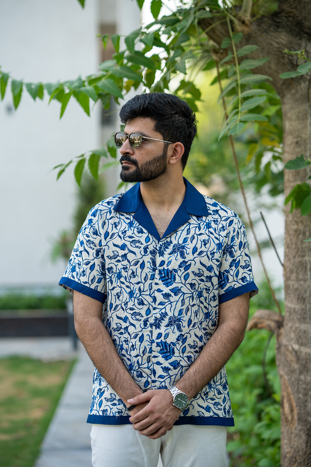 Contrast Collar Printed Linen Shirt