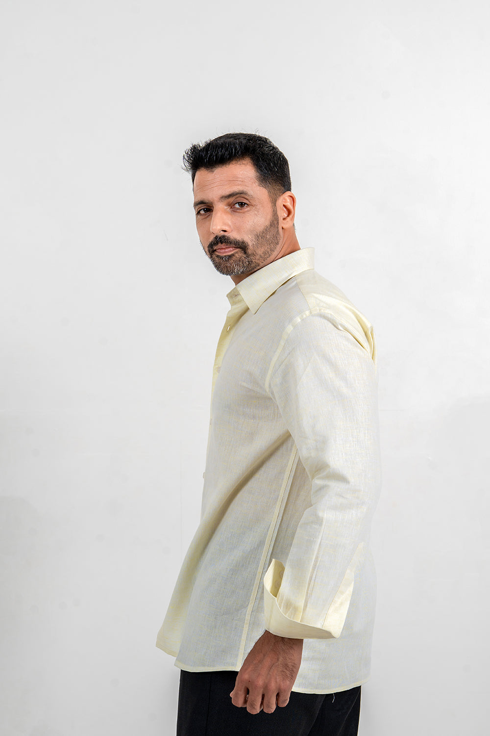 Powder Yellow Cotton-Linen Full Sleeve Shirt