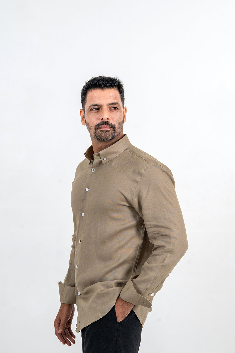 Light Olive Linen Full Sleeve Button Down Shirt
