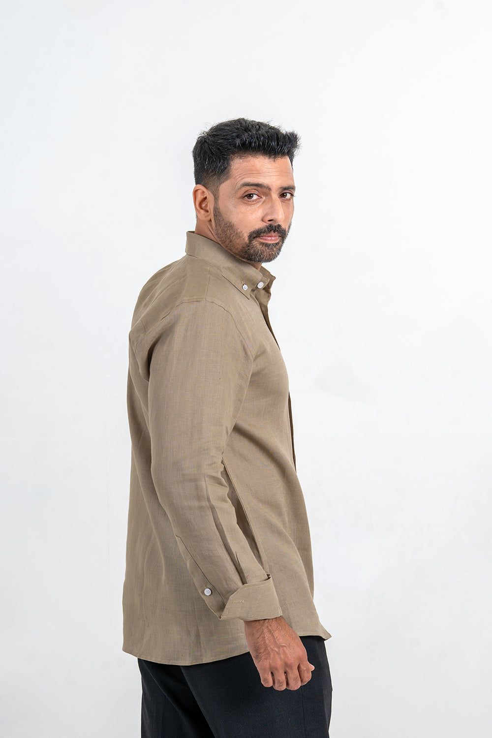 Light Olive Linen Full Sleeve Button Down Shirt