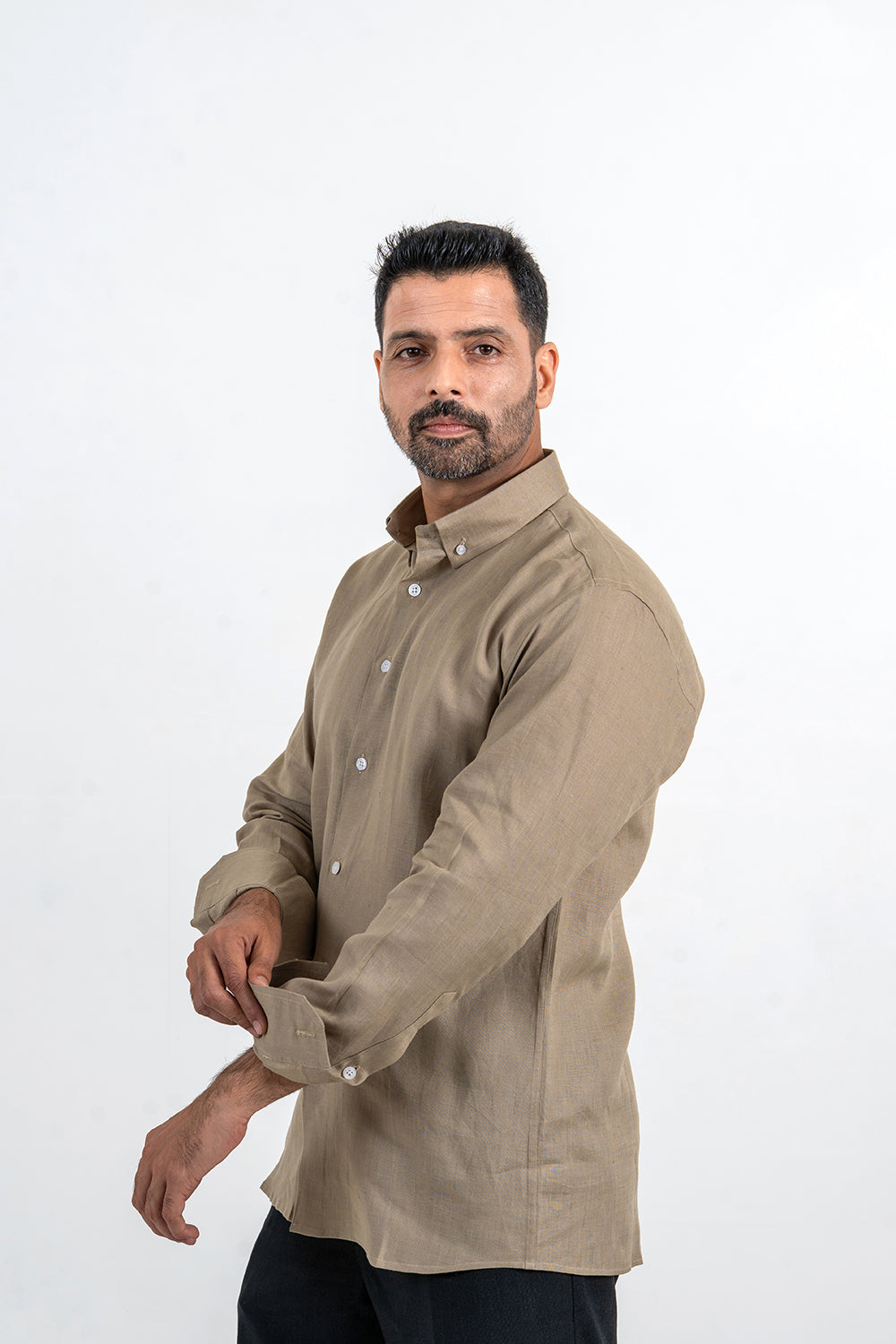 Light Olive Linen Full Sleeve Button Down Shirt
