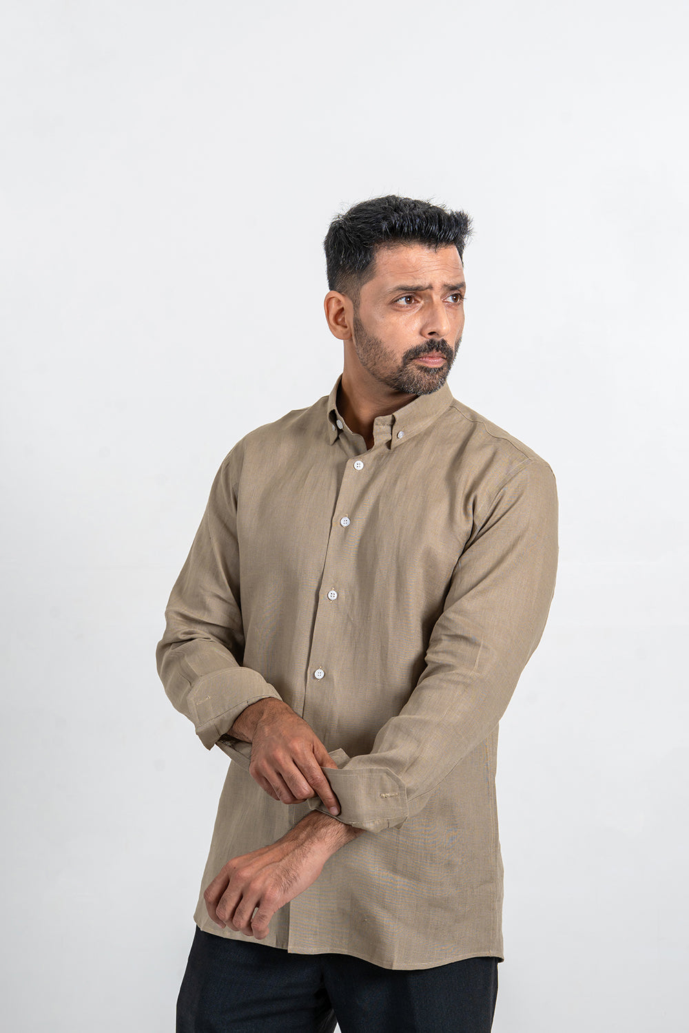 Light Olive Linen Full Sleeve Button Down Shirt