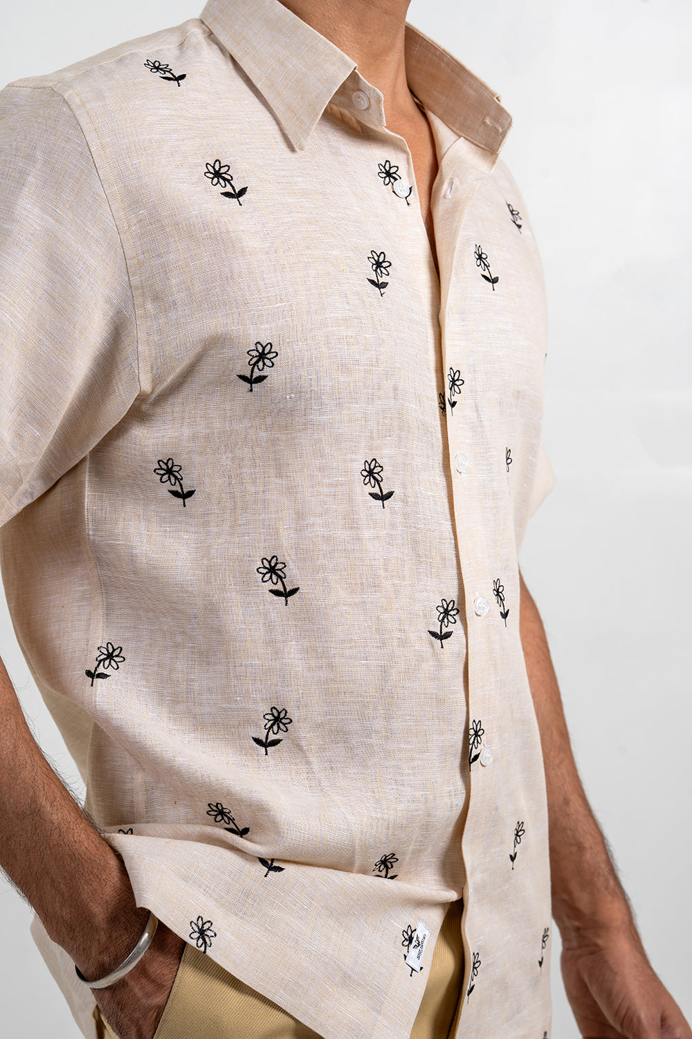 Beige Linen-Embroidered Shirt