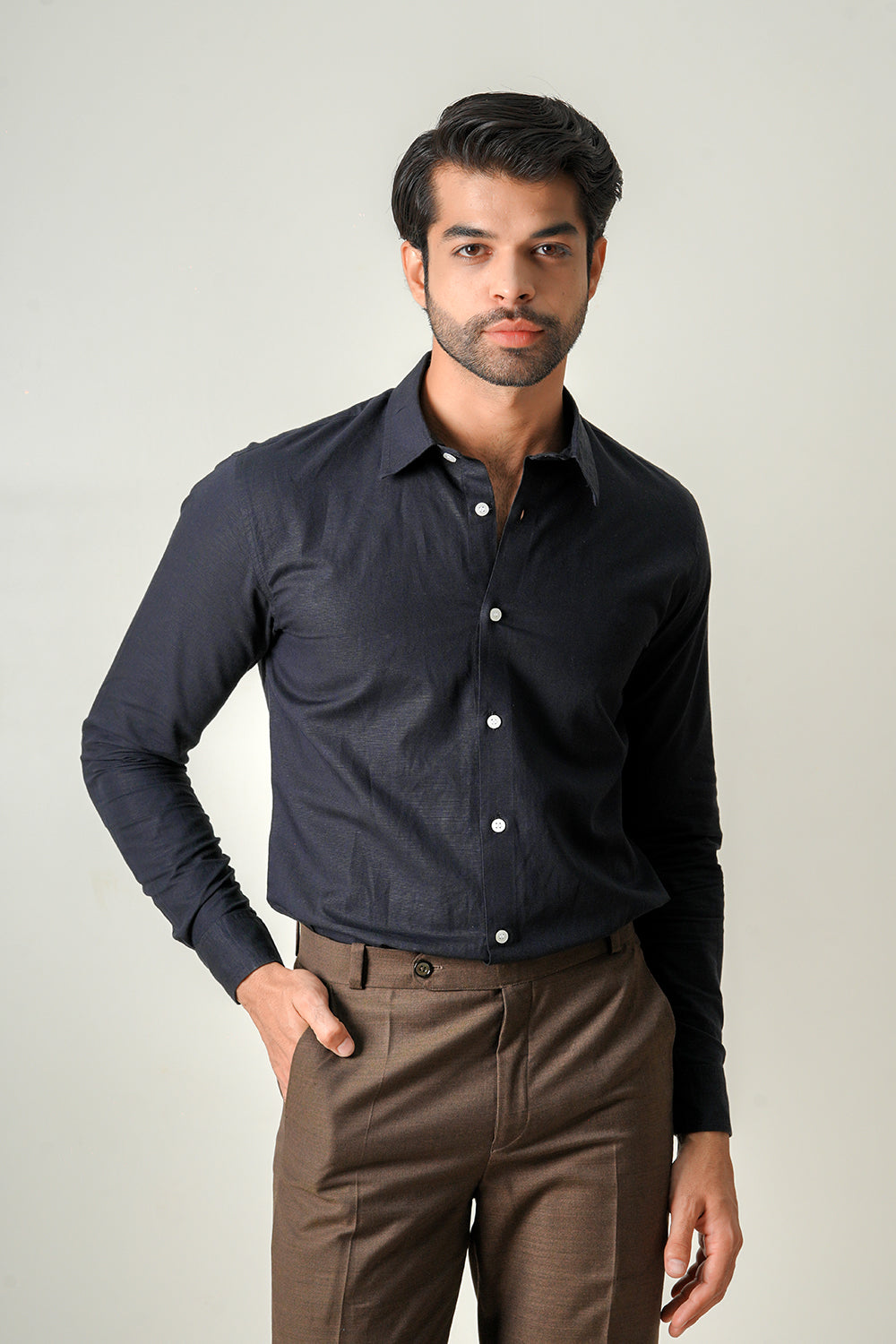 Black Cotton Linen Full Sleeve Shirt
