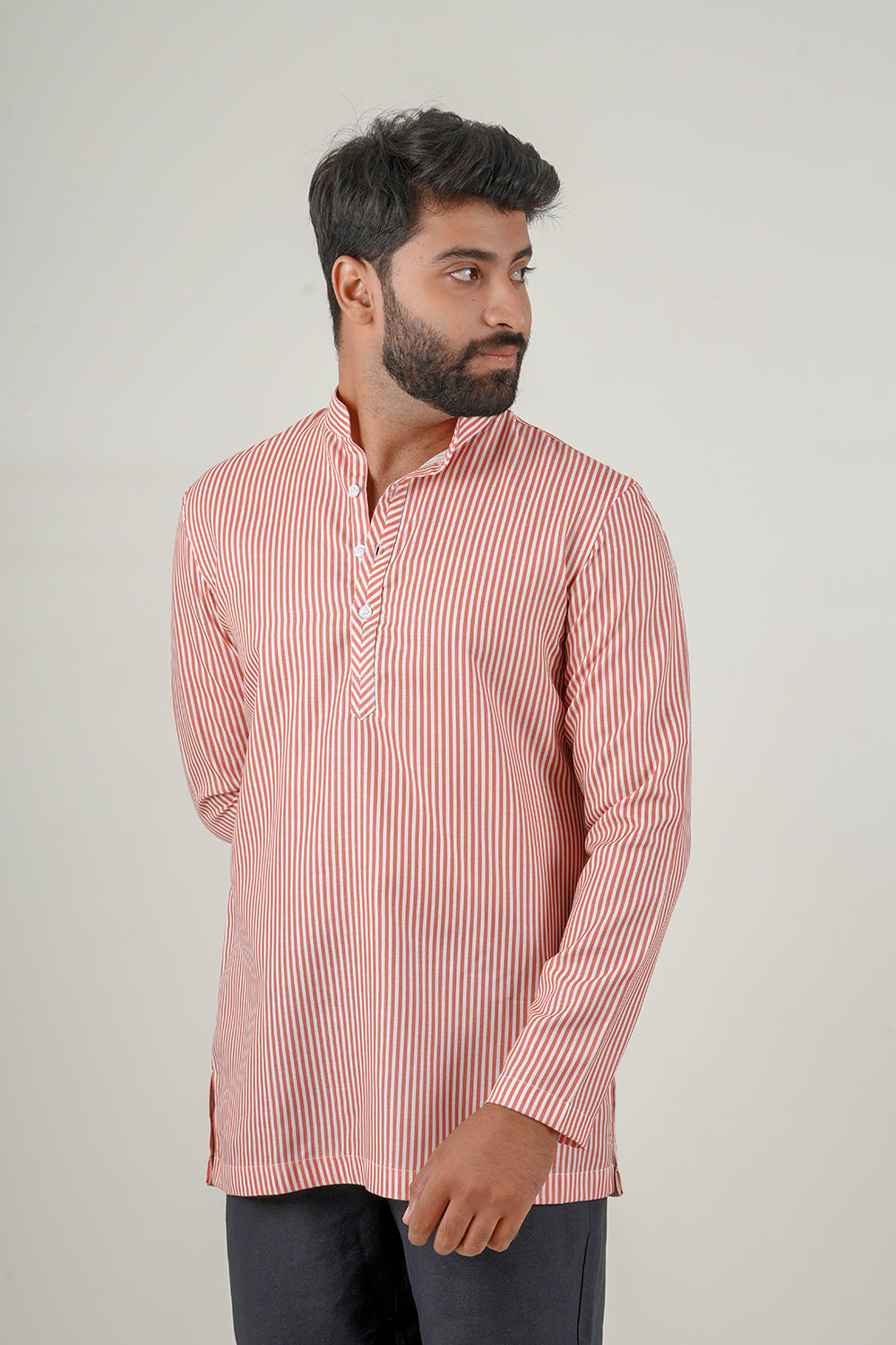 Red And White Striped Short Kurta