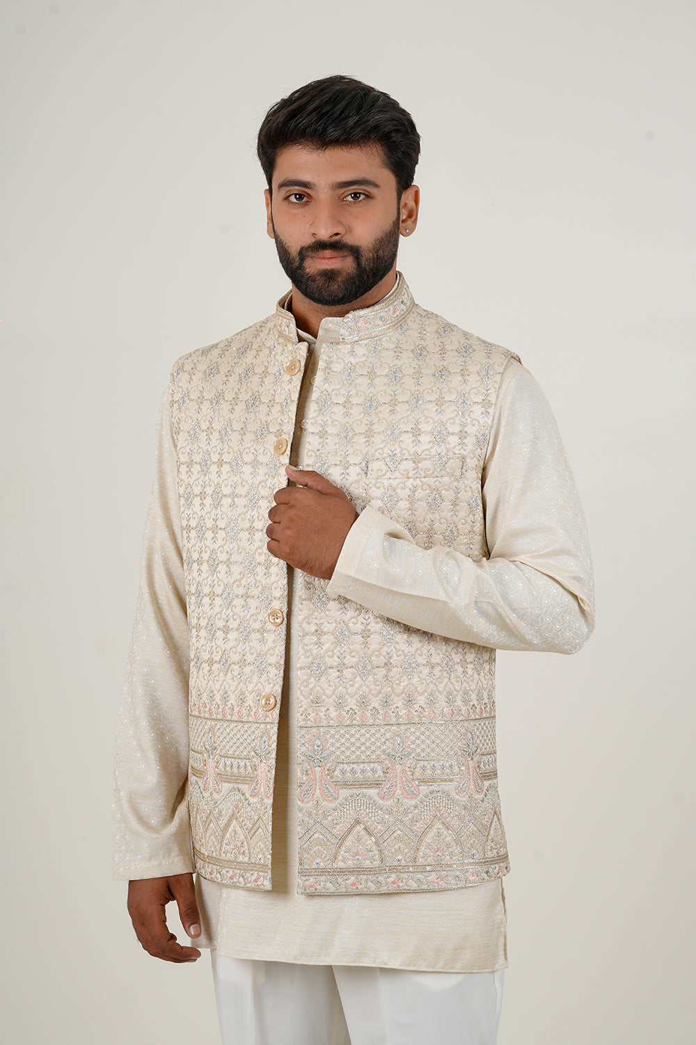 Ivory Royal Embroidered Nehru Jacket Set