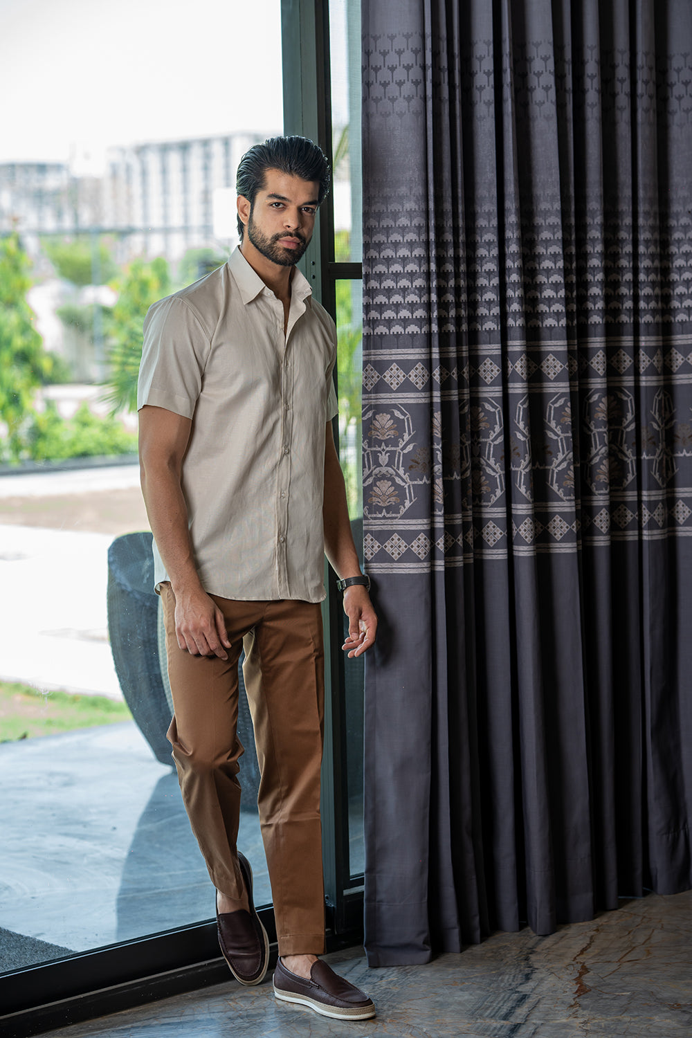 Almond Beige Half-Sleeve Cotton Linen Shirt