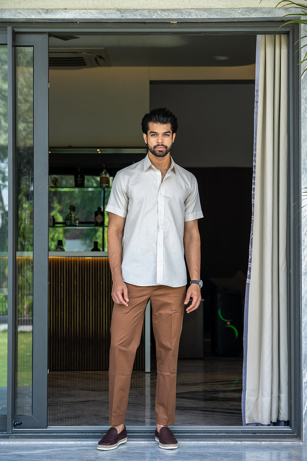 Almond Beige Half-Sleeve Cotton Linen Shirt