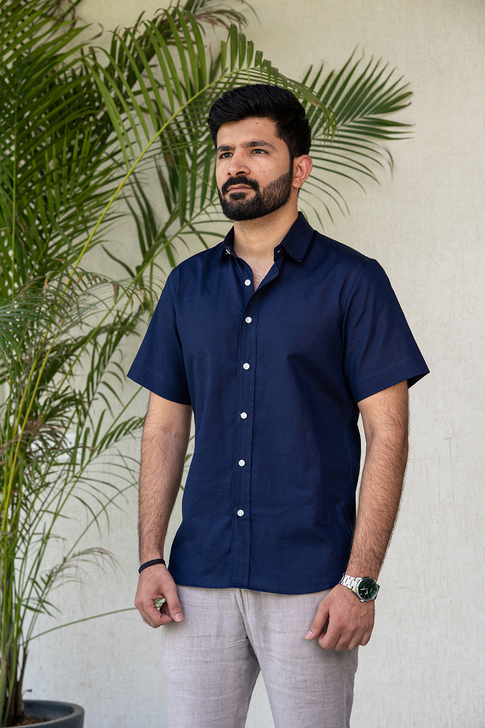 Ink Blue Half-Sleeve Cotton Linen Shirt