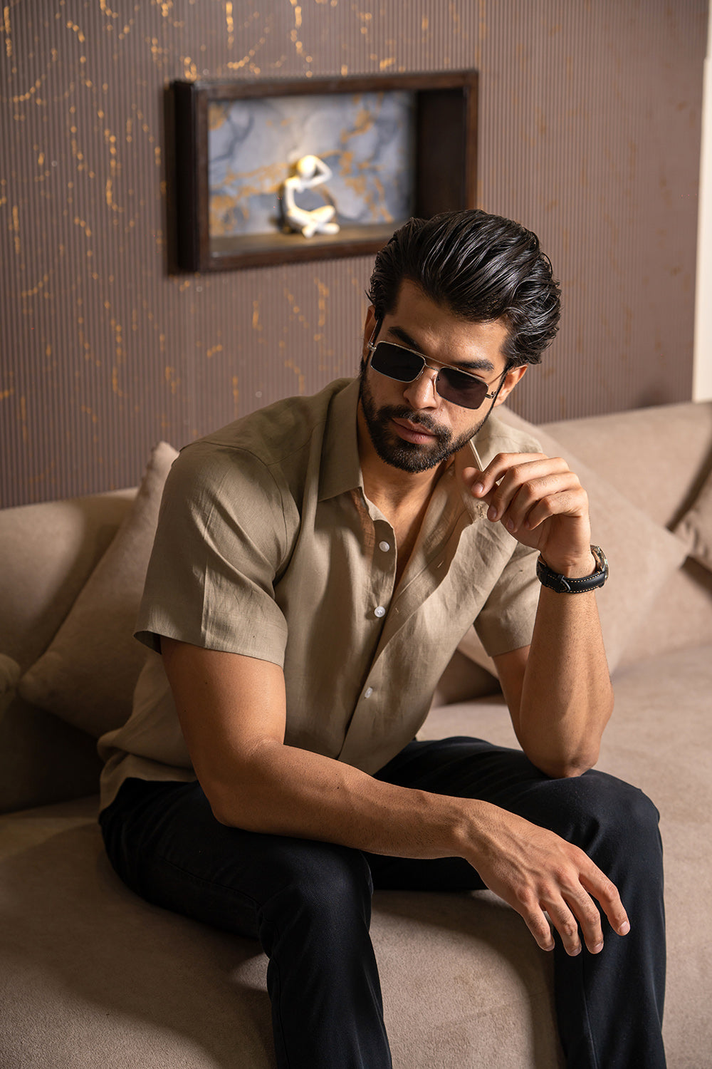 Soft Olive Linen Half-Sleeve Shirt