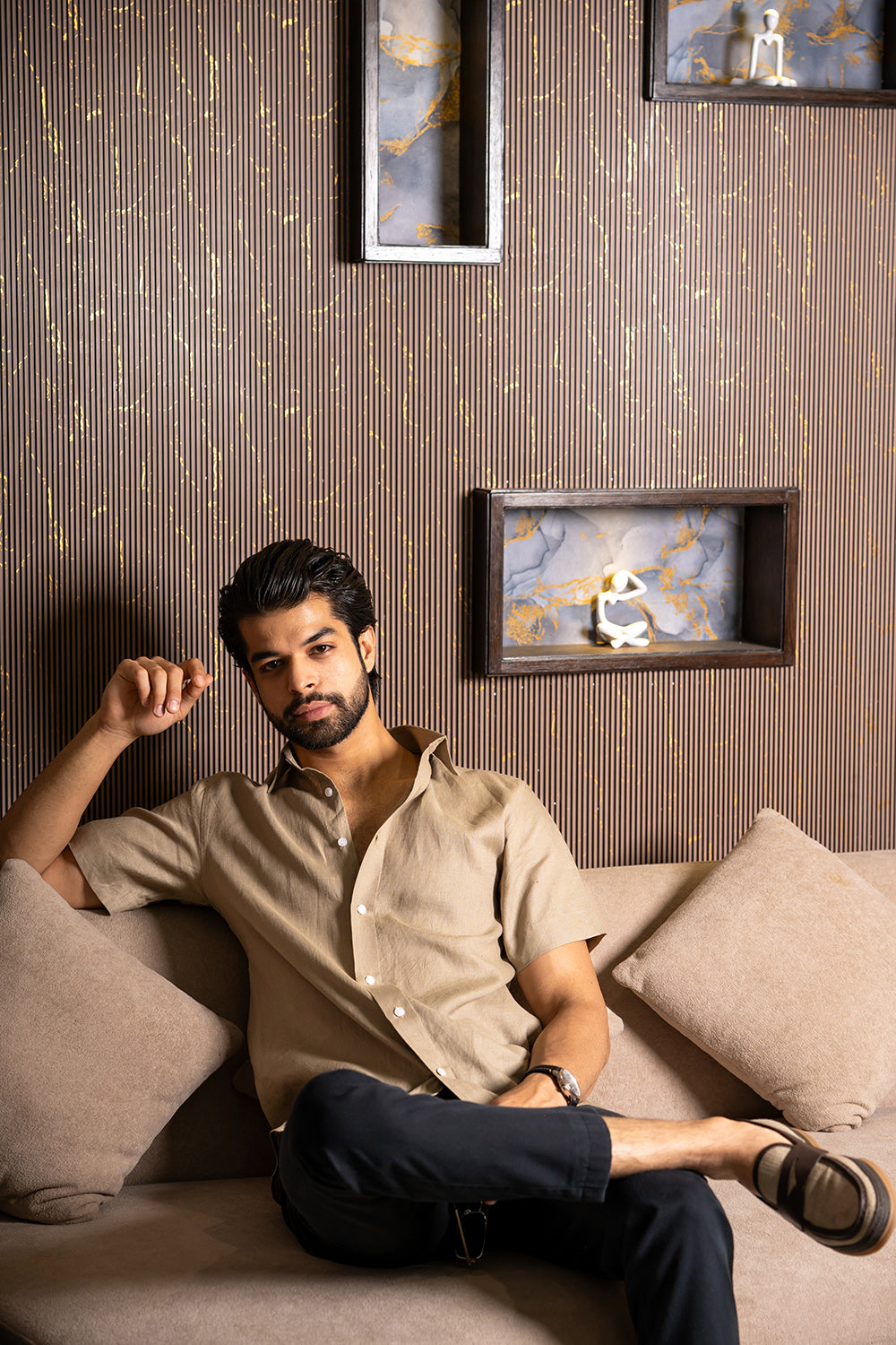 Soft Olive Linen Half-Sleeve Shirt
