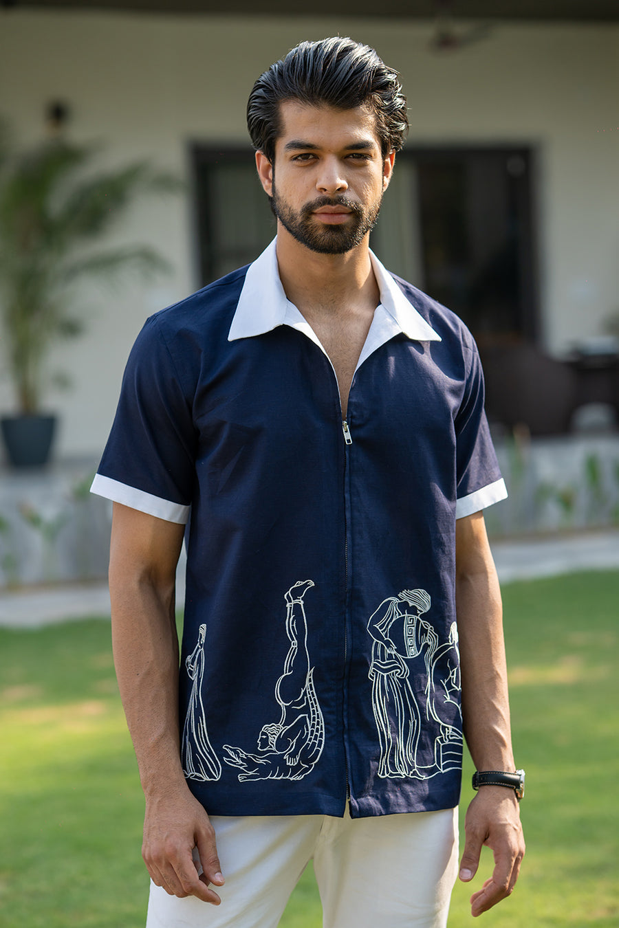 Embroidered Cotton Linen Zipper Shirt with White trouser