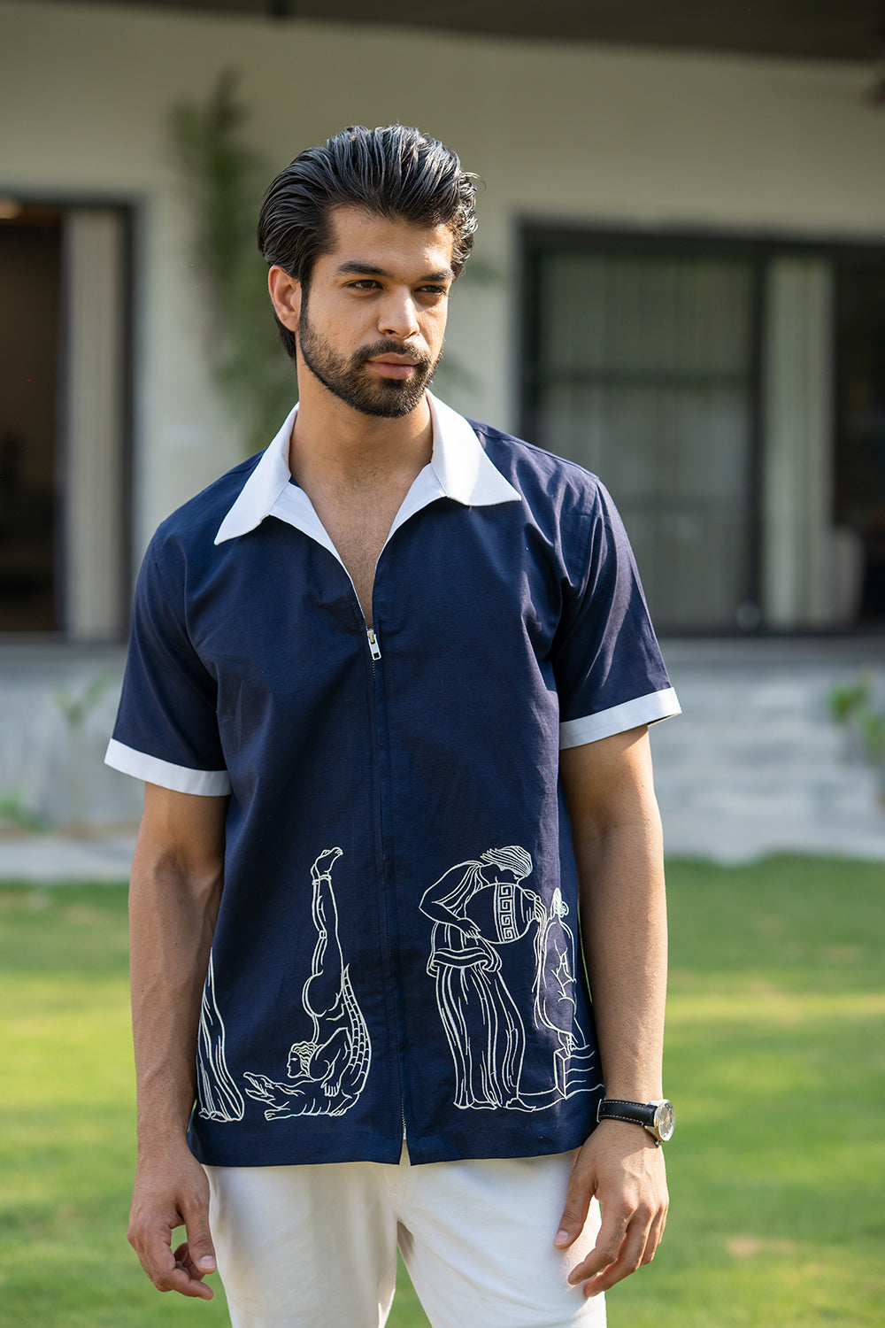 Embroidered Cotton Linen Zipper Shirt