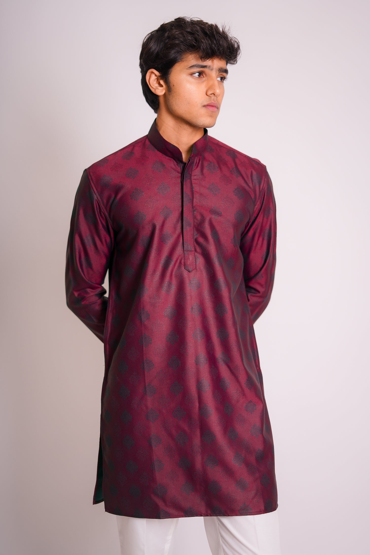 Wine Jacquard Embroidered Kurta