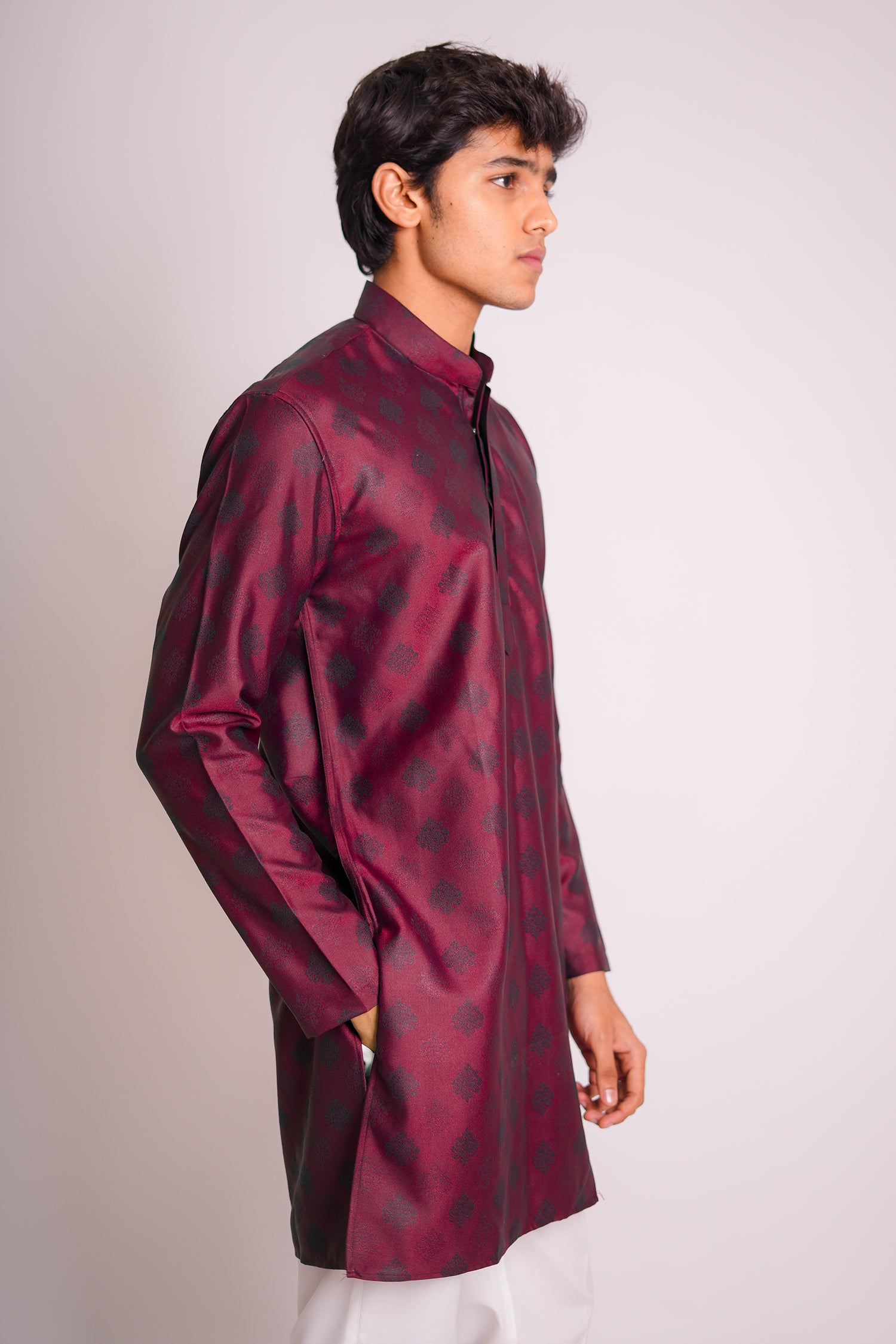 Wine Jacquard Embroidered Kurta