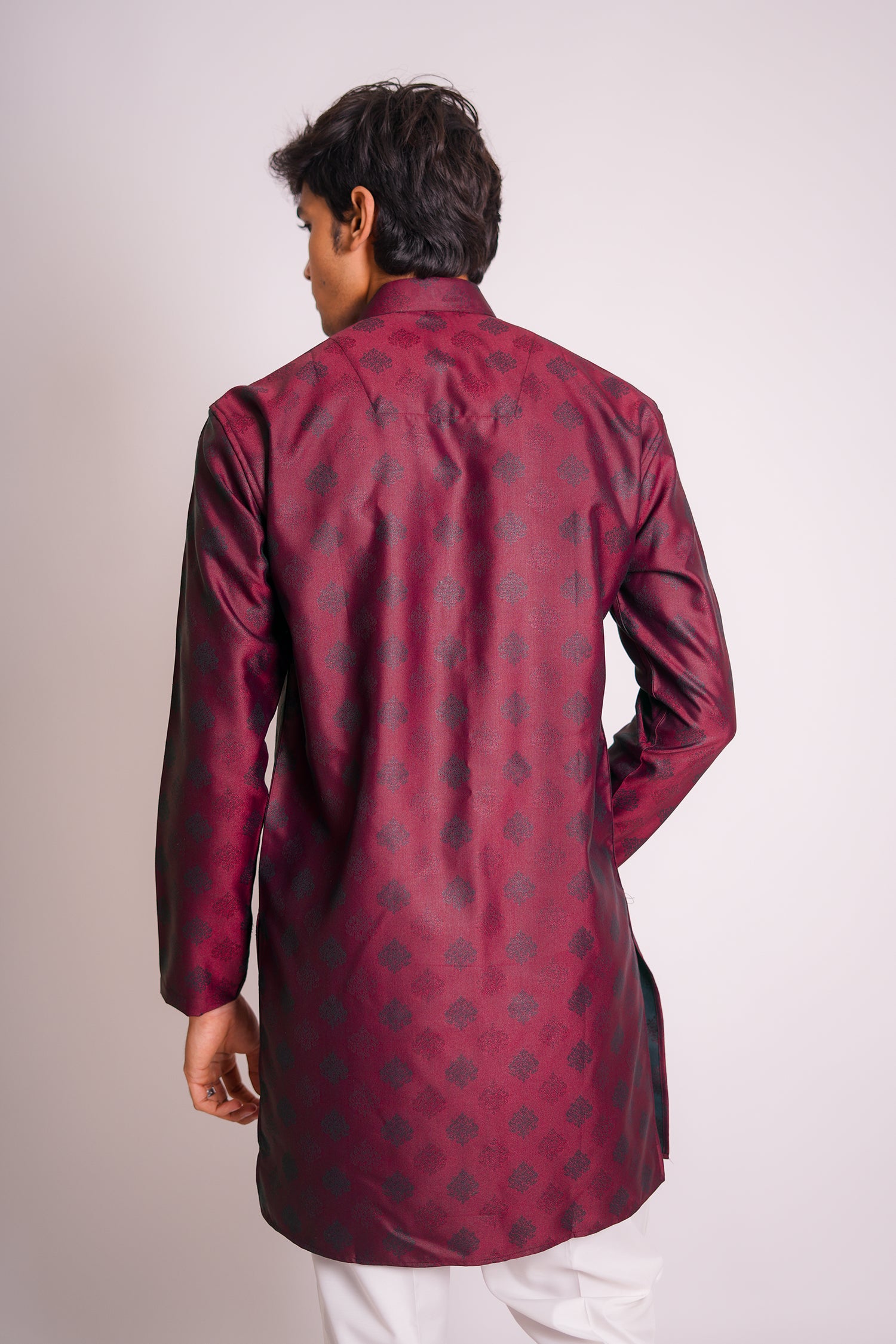 Wine Jacquard Embroidered Kurta