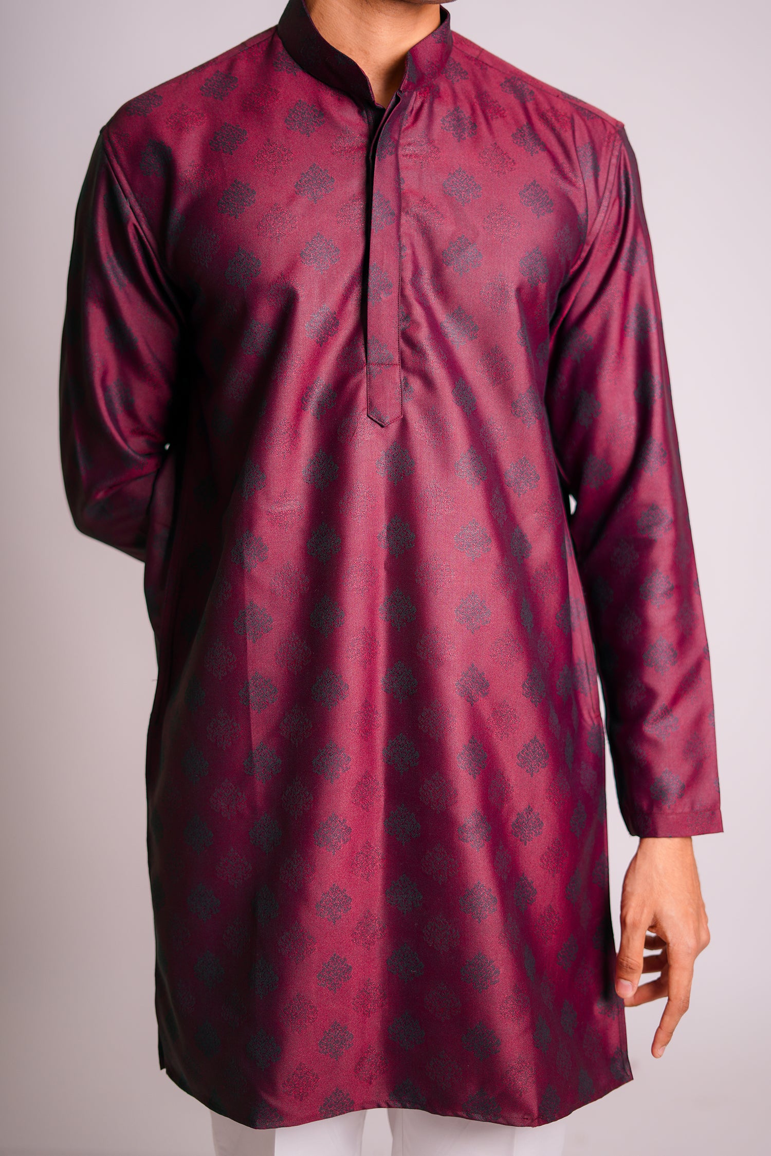 Wine Jacquard Embroidered Kurta