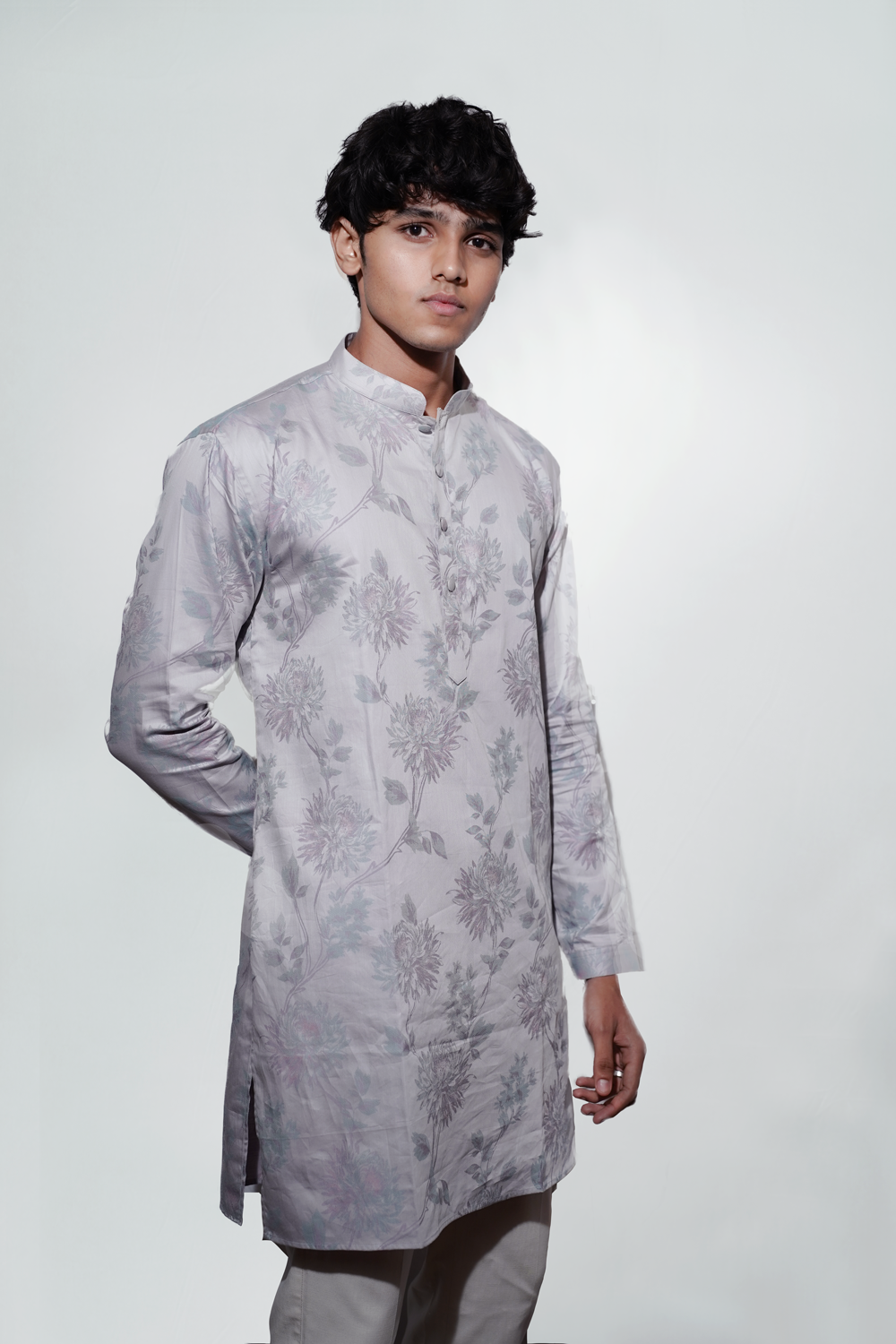 Ivory Grey Floral Woven Kurta